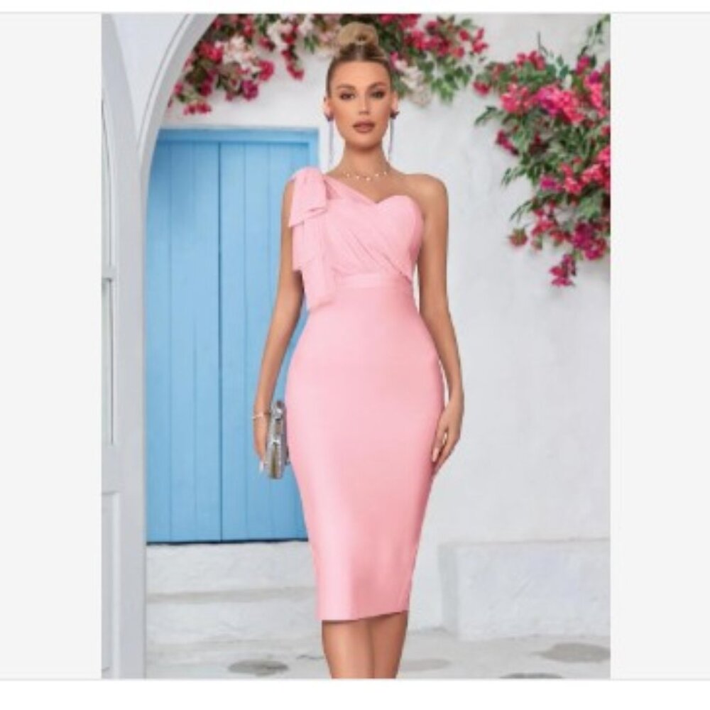 One-Shoulder Pink Midi Dress with Bow Detail